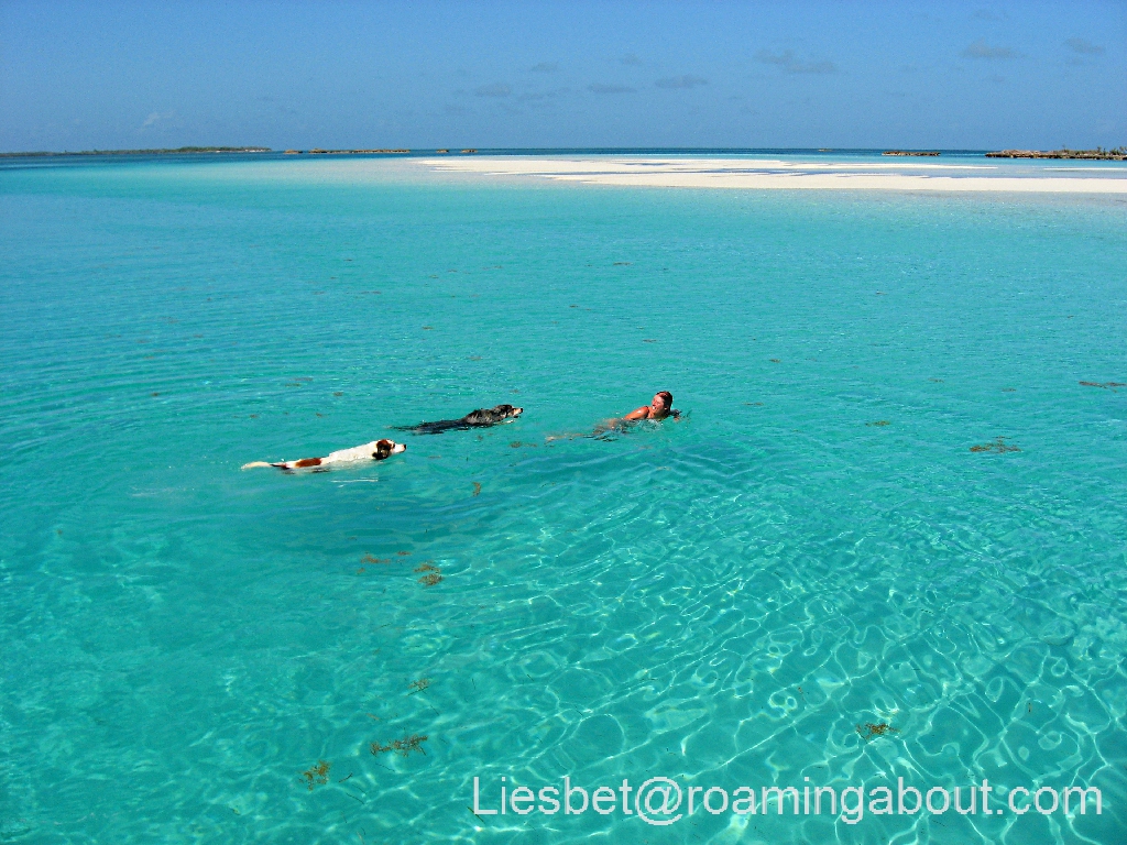 Swimming from our sailboat Irie to the sandbank in Double Breasted Cays, the Abacos (Bahamas) - It is the only time that we swam together to shore