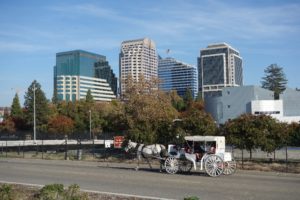 Horse and carriage with "new Sacramento" in the background