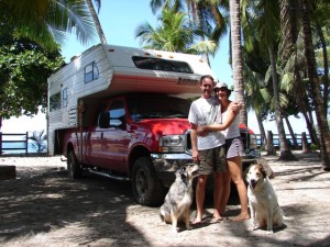 Mark, Darwin, Kali and I in front of our truck camper we traveled and lived a year in throughout Mexico and Central America